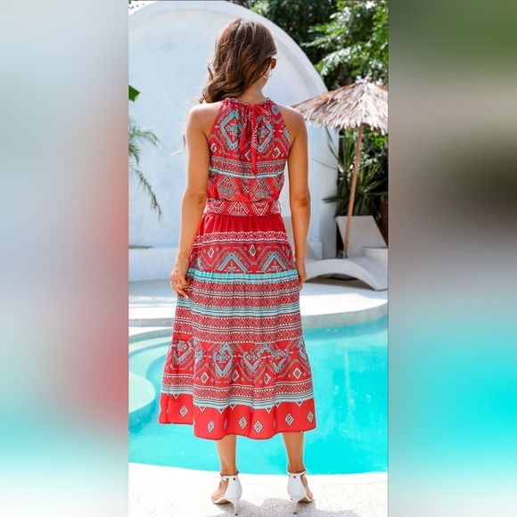 Cupshe Vibrant Red and Blue Patterned Midi Dress (B1) - Picture 3 of 9